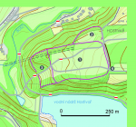 Plán hradiště v Hostivaři na základě výsledků měření z roku 2008. 1 – centrální plocha hradiště; 2 – severní předhradí; 3 – západní předhradí; 4 – předpokládaný prostor původní brány (podle R. Křivánka). Mapový podklad © ČÚZK.