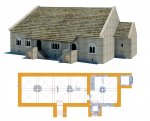 Půdorys a rekonstrukce možné podoby paláce s vyznačením odkrytých stavebních konstrukcí. Půdorys P. Juřina a J. Růžička; 3D rekonstrukce P. Zoch, 2008.