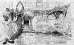 Vykopaná raně gotická krypta, západní stěna – vstup a zbytky kleneb (Herain 1892).